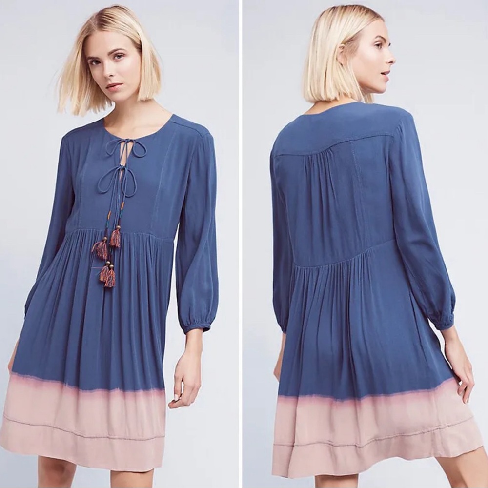 HOLDING HORSES Anthropologie Blue Ombre Dip Dye Peasant Dress with Tassels